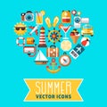 Summer concept with flat beach vector icons in heart form