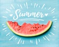 Summer concept illustration. Slice of watermelon on turquoise blue background, top view. Royalty Free Stock Photo