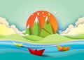 Summer concept with island, beach and sailboats paper art style.