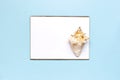 Summer concept, marine background. Seashells, starfish, white blank sheet on pastel blue background. Top view, flat lay, copy