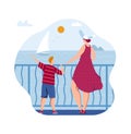 Summer concept, sea look, mom shows finger son, beach child, ocean vacation, design, in cartoon style vector Royalty Free Stock Photo