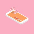 Summer concept. Smartphone with pink and white umbrella, chair and table on orange scene of phone on pink background