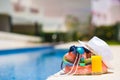 Summer concept-straw bag, tasty orange juice and Royalty Free Stock Photo