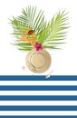 Summer concept with Straw hat, Butterfly on bird of paradise flo