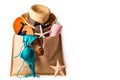 Summer concept with swimming accessories ,Beach bag brown with swimming suit isolated