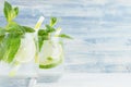 Summer cool lemonade in two wet glasses with mint, lime, ice, straw on vintage blue wood board, copy space, closeup.