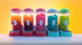 summer cool slush or smoothie iced fruit juice dispenser machine for refreshing chilled drinks in multi colored containers,