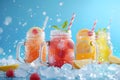 Summer cool slush or smoothie iced fruit juice glass jars for refreshing healthy chilled drinks