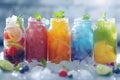 Summer cool slush or smoothie iced fruit juice glass jars for refreshing healthy chilled drinks