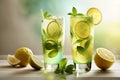 Summer cooling mojito cocktail. Two glasses of delicious drink. Generative AI