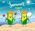 Summer poster party design corn with maracas and tambourine characters. Vector summer illustration