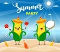 Summer poster party design corn with maracas and tambourine characters. Vector summer illustration