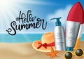 Summer cosmetic products vector template. Hello summer greeting text in beach background design with skin care sun protection.