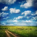 Summer country road and fields of the blue beautiful cloudy sky. Royalty Free Stock Photo