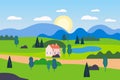 Summer countryside farm landscape green hill. Cottage nature fields mountains blue sky clouds sun countryside. Green