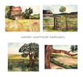 Summer countryside landscapes. Watercolor illustration, country