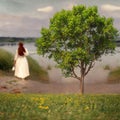 Summer countryside trees and flowers in the meadow field  and beach  ,woman on horizon , nature landscape impressionism art style Royalty Free Stock Photo