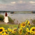 Summer countryside trees and flowers in the meadow field  and beach  ,woman on horizon , nature landscape impressionism art style Royalty Free Stock Photo