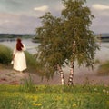 Summer countryside trees and flowers in the meadow field  and beach  ,woman on horizon , nature landscape impressionism art style Royalty Free Stock Photo