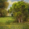 Summer countryside trees and flowers in the meadow field , old cabin  on the horizon, nature landscape impressionism art style Royalty Free Stock Photo