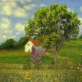 Summer countryside trees and flowers in the meadow field , old cabin  on the horizon, nature landscape impressionism art style Royalty Free Stock Photo