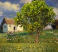 Summer countryside trees and flowers in the meadow field , old cabin  on the horizon, nature landscape impressionism art style Royalty Free Stock Photo