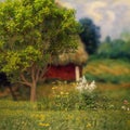 Summer countryside trees and flowers in the meadow field , old cabin  on the horizon, nature landscape impressionism art style Royalty Free Stock Photo