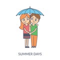 Summer couple. Cartoon flat vector illustration of young girl and boy standing under umbrella