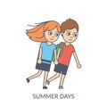 Summer couple. Cartoon flat vector illustration of young girl and boy walking in windy weather Royalty Free Stock Photo