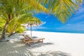 Summer couple destination scenic beach beds chairs umbrella palms. Love romantic travel landscape