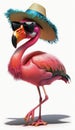 Summer Crazy Funny Pink Flamingo Wearing Sunglasses and Hat, Isolated on White Background - Generative AI