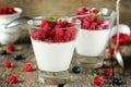 Summer cream dessert panna cotta with fresh berries in glass on