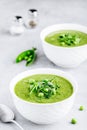 Summer cream soup with green fresh pea shoots