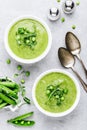 Summer cream soup with green fresh pea shoots Royalty Free Stock Photo