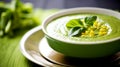 Summer cream soup with green fresh pea shoots. Top view. Generative AI