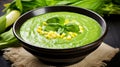 Summer cream soup with green fresh pea shoots. Top view. Generative AI