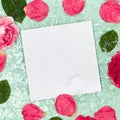 Summer creative background with blue water and rose petal. Flower petal and leaf with white paper blank. Pink, green and white Royalty Free Stock Photo