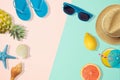 Summer creative background with summer objects. Top view from above