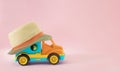 Summer creative concept the children necessities truck and hat. Transport to the sea arrived, beach toy