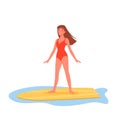 Summer cruise beach people, young woman in beachwear standing on surfboard and floating