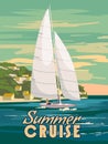 Summer Cruise Sailboat poster retro, sailing yacht on the ocean, sea, coast, palms. Tropical cruise, summertime travel Royalty Free Stock Photo