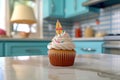 Summer cupcake with swimming pool defocused background. AI generative