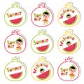 Summer cupcake topper with cute girl and watermelon on watermelon frame cartoon for summer cupcake topper set Royalty Free Stock Photo