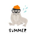 Summer - Cute hand drawn nursery poster with warlus animal with glasses and a hat and with hand drawn lettering.