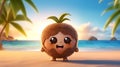 Cute coconut character on the tropical beach with palms. Royalty Free Stock Photo