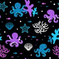 Summer cute marine seamless pattern coral reef with cute octopuses, starfish, algae, shells and fish. ocean dwellers Royalty Free Stock Photo