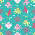 Summer cute marine seamless pattern coral reef with cute octopuses, starfish, algae, shells and fish. ocean dwellers Royalty Free Stock Photo