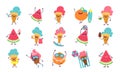 Summer cute stickers. Beach party characters with funny faces swimming playing sunbathing. Vector elements for summer Royalty Free Stock Photo