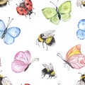 Summer cute watercolor seamless pattern with bugs and insects - flying bumblebee, butterfly, ladybug, isolated on white background