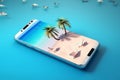 cyber holiday summer phone sand mock palm creative sea concept up. Generative AI.